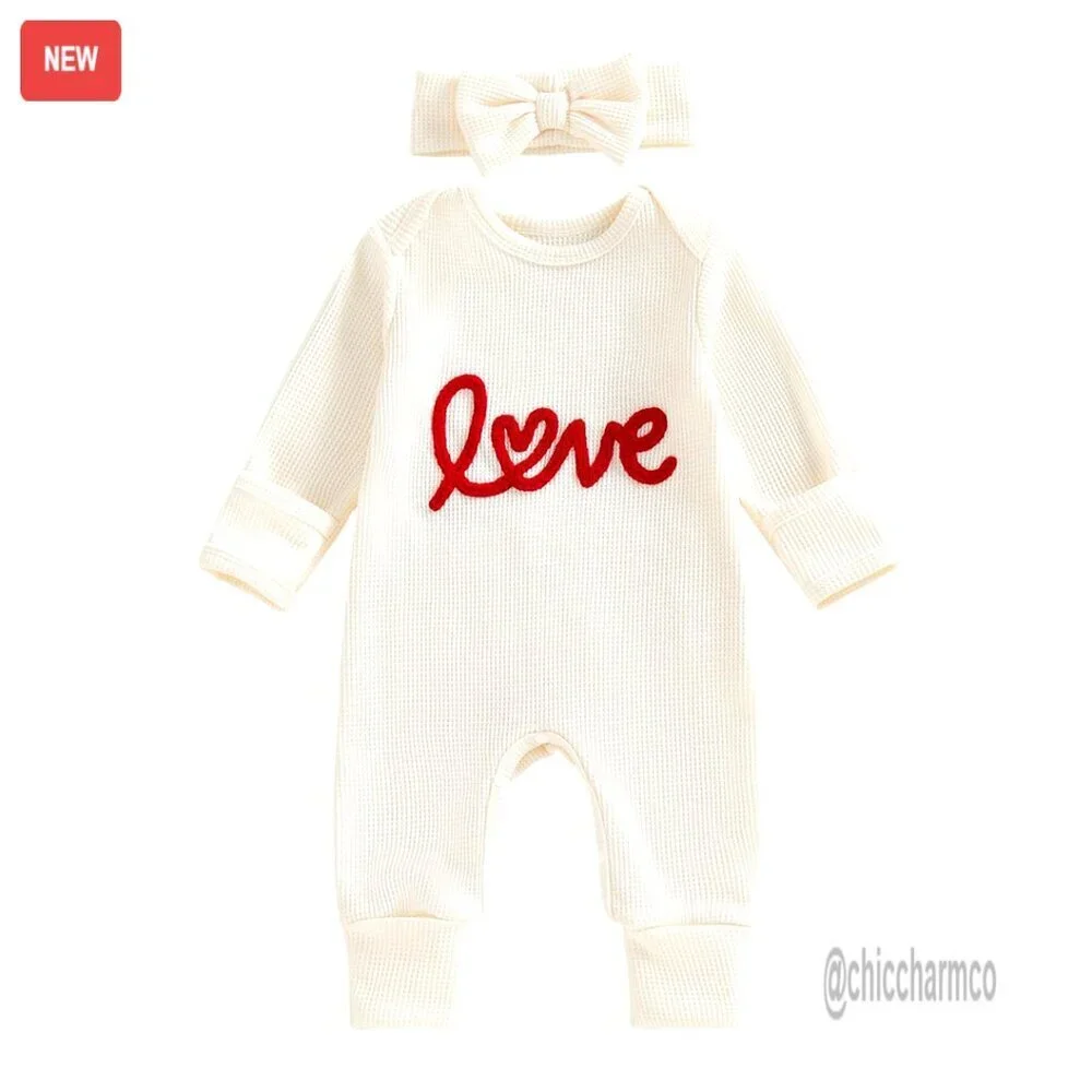 Newborn Valentine's Day Romper Long Sleeve Waffle Ruffle Jumpsuit with Headband